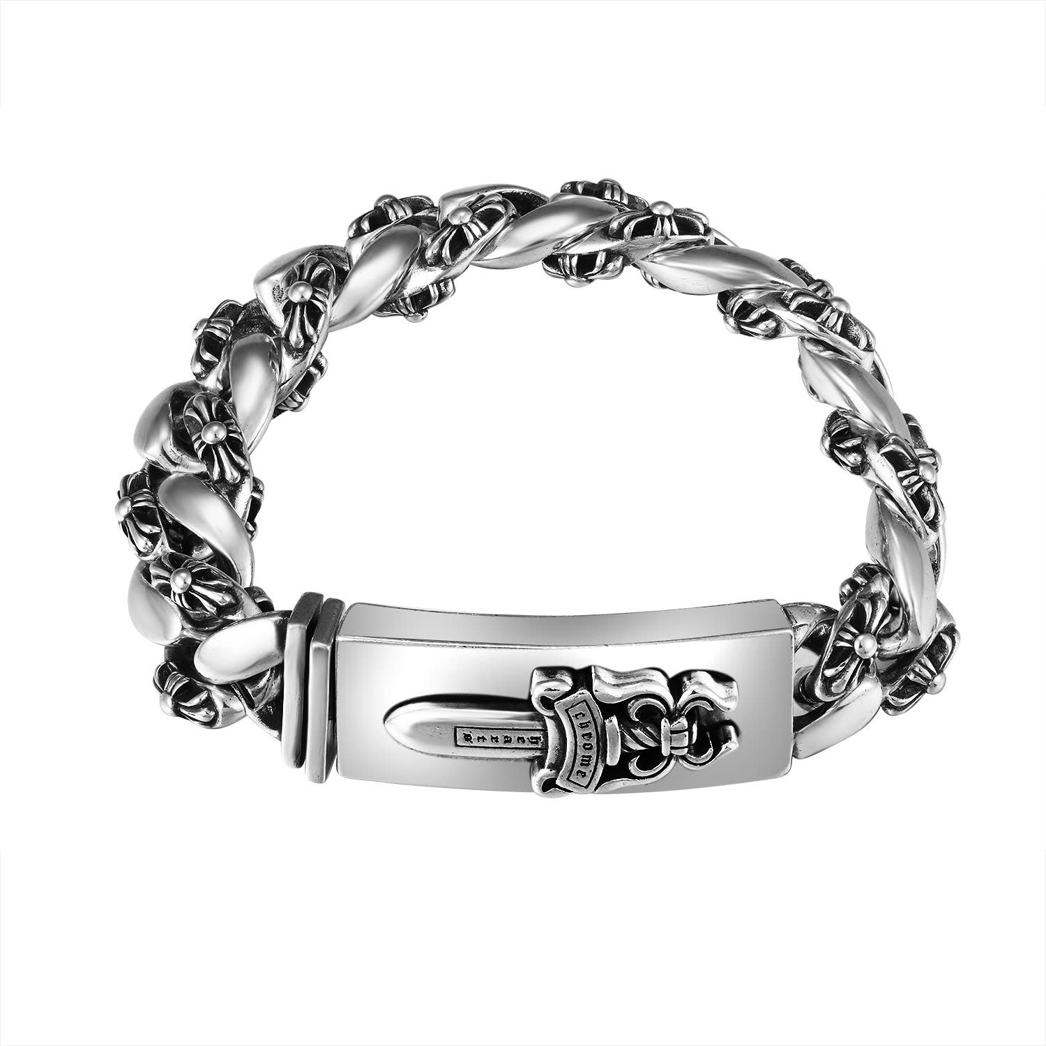 Chrome Hearts Silver Plated Braided Chain Bracelet with Decorative Clasp
